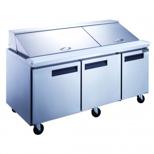 Dukers DSP72-30M-S3 72-1/2(W) inch (3)Solid Swing Door(s) Refrigerated Mega Top Sandwich Prep Table, 17.58Cu.ft, (30)1/6 Pan(s), (3)Shelve(s), 1/3hp, 110v/60/1-ph, Casters, ETL Listed