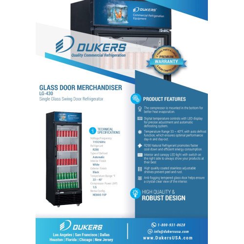 Dukers LG-430 24-3/8(w) inch (1)Glass Swing Door(s) Bottom Mount Merchandiser Refrigerators, (4)Shelve(s), 15.2Cu.ft, 1/5hp, 115v/60/1-ph, Casters, ETL Listed