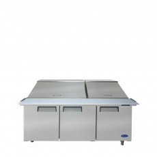 Atosa MSF8308GR 72-7/10(w) inch Refrigerated Mega Top Sandwich Prep. Table, (3)Solid Swing Door(s), (3)Shelve(s), (30)1/6 Poly Pan(s), 21.1Cu.ft, 1/5hp, 115v/60/1-ph, ETL Listed 
