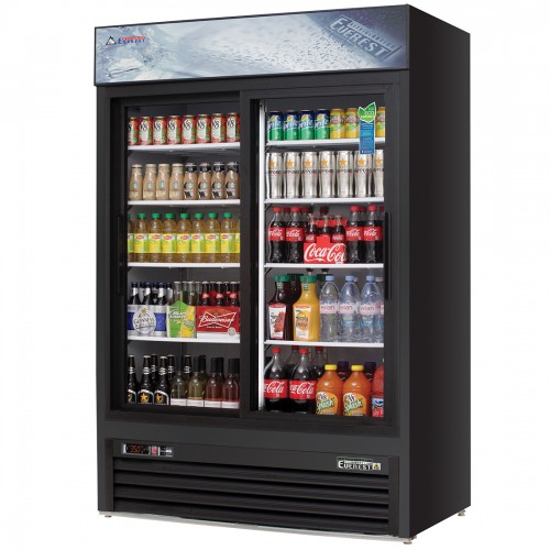 Everest EMGR48B 53-1/8(w) inch (2)Sliding Glass Door(s) Merchandiser Refrigerator, Black, (8)Shelve(s), 48Cu.ft, (448)20oz Bottle(s), 1/2hp, 115v/60/1-ph, ETL/NSF Listed, Energy Star