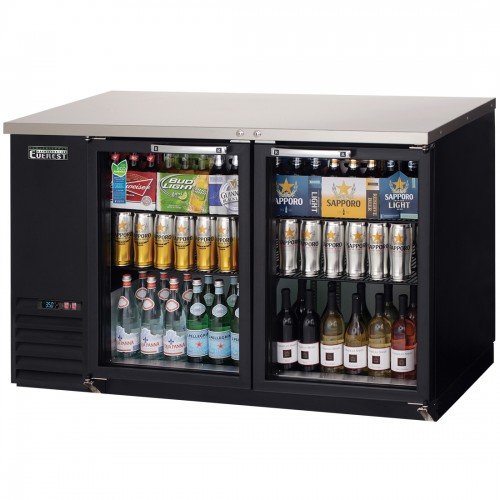 Everest EBB59G 57-3/4(w) inch Back Bar Refrigerator, (2)Glass Hinged Door(s), (4)Shelve(s), Black, (408)12oz Bottle(s), 20Cu.ft, 1/4hp, 115v/60/1-ph, ETL/NSF Listed