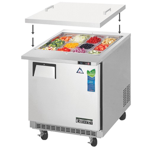 Everest EOTP1 27-3/4(w) inch (1)Door(s) Refrigerated Open Top Prep Table, Removable Cover, 8Cu.ft, (1)Shelve(s), Casters, 1/5hp, 115v/60/1-ph, NSF Listed 