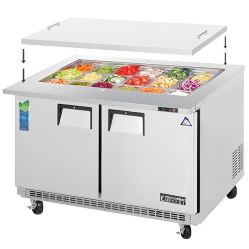 Everest EOTP2 47-1/2(w) inch (2)Door(s) Refrigerated Open Top Prep Table, Removable Cover, 13Cu.ft, (2)Shelve(s), Casters, 1/4hp, 115v/60/1-ph, ETL Listed 