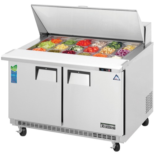 Everest EPBR2 47-1/2(w) inch Refrigerated Mega Top Prep Table, 13Cu.ft, (2)Door(s), (2)Shelve(s), (18)1/6 Pan(s), Casters, 1/4hp, 115v/60/1-ph, ETL Listed