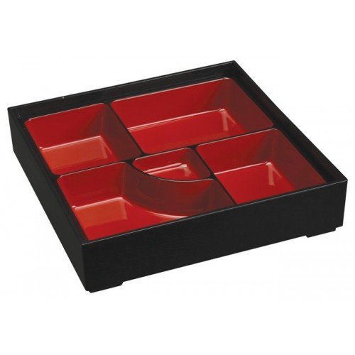 7B-010 Bento Lunch Box, (5)Compartment(s), Rectangular, Black/Red Color, Plastic Lacquer, 10.5(w) x 8(d) x 2.25(h) inch – 10 each