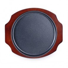 NSP-05 Steak Plate w/ Wooden Base, Teflon Coated Cast Iron, 10.25(w) x 10.25(d) x 0.75(h) inch