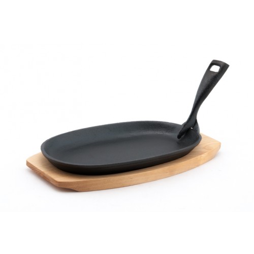 TBSP3 Cast Iron Steak Plate, Removable Handle & Wooden Base, 9.5(w)x5.5(d)x2(h) inch