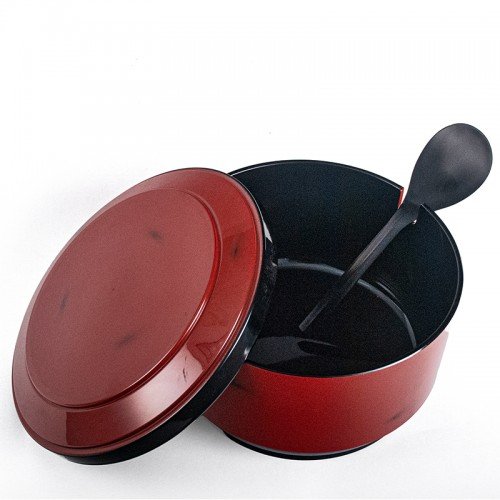 WZ2-R Round Rice Containers, Lid and Spoon included, Red/Black Color, 7(w) x 7(d) x 4(h) inch