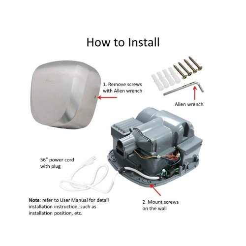 GSW Awoco AK2901 High Speed Commercial Hand Dryer, Automatic, Stainless Steel, 110-120v/60/1, 1450w, 11.8(w) x 6.5(d) x 12.3(h) inch, UL Listed
