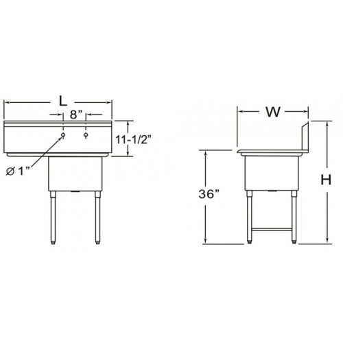 GSW SE15151P (1)Compartment(s) Food Prep Sink, 15 inch Bowl, Stainless Steel, No Drain Boards, OA 18-1/8(w) x 18-1/8(d) x 45(h) inch, ETL Listed