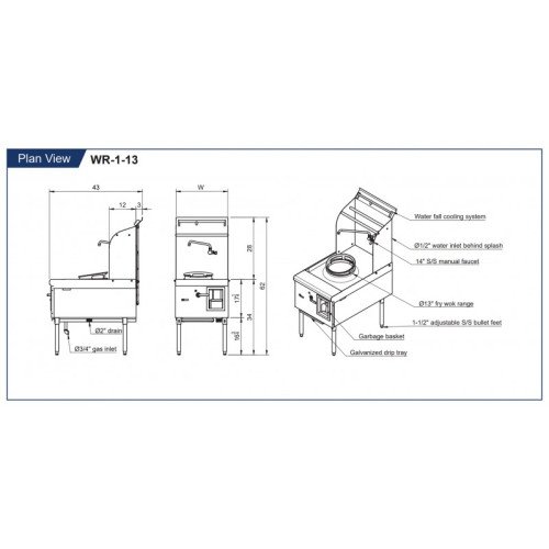 GSW WR-1-20 Chinese Wok Range, Single Chamber, 20(dia) inch Hole, Stainless Steel, (23)Tip(s) Jet Burner, Natural Gas, 125k Total BTU, 25(w) x 43(d) x 62(h) inch, ETL Listed