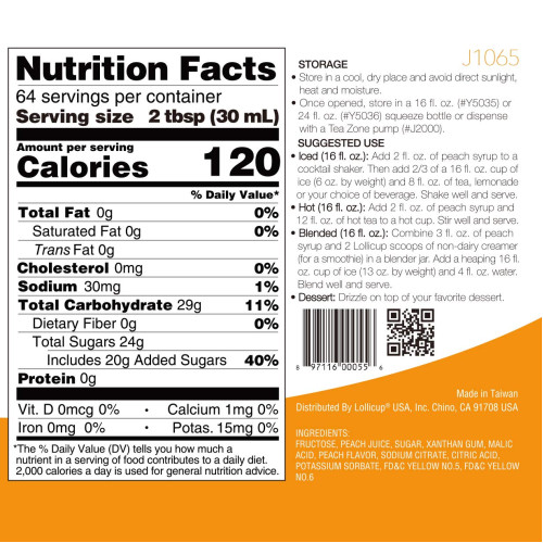 Tea Zone J1065a Peach Syrup, 64oz Bottle, 1 each