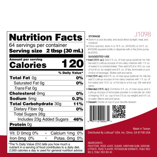 TeaZone J1098 Rose Syrup, 64oz Bottle, 6 each