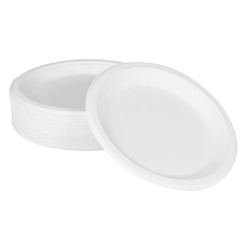 Karat® Earth KE-BPR09-1CFF 9 inch Compostable Bagasse White Round Plate, PFAS Free, BPI Approved, 500 each