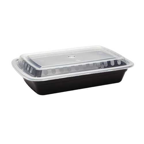 Karat IM-FC1028B 28oz Black PP Plastic Rectangular Microwaveable Food Containers with Lids, 150/cs, 1 each