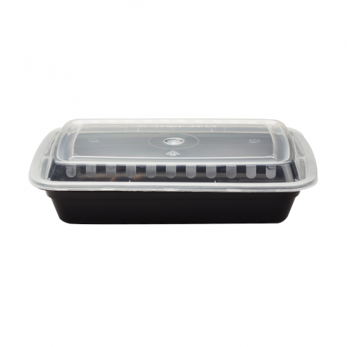 Karat IM-FC1028B 28oz Black PP Plastic Rectangular Microwaveable Food Containers with Lids, 150/cs, 1 each