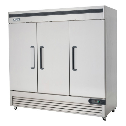 Migali C-3FB-HC 81.9(w) inch (3)Solid Swing Door(s) Bottom Mount Reach-In Upright Freezer, 72Cu.ft, (9)Shelve(s), 1-1/4hp, 115v/60/1-ph, Casters, ETL Listed