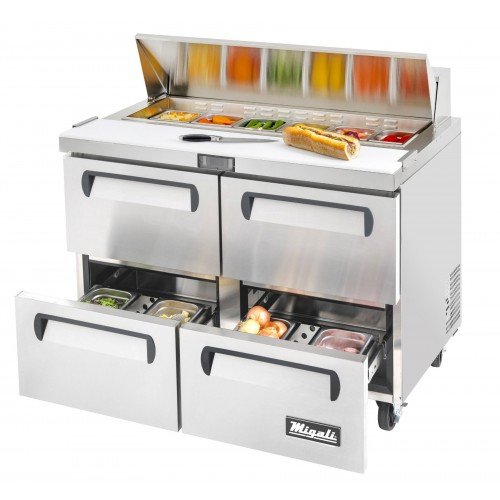Migali C-SP48-12-D-HC Competitor Series® 48-1/4(w) inch (4)Solid Drawer(s) Standard Top Sandwich Prep Table, 12Cu.ft, (4)Shelve(s), Casters, 1/7hp, 115v/60/1-ph, ETL Listed