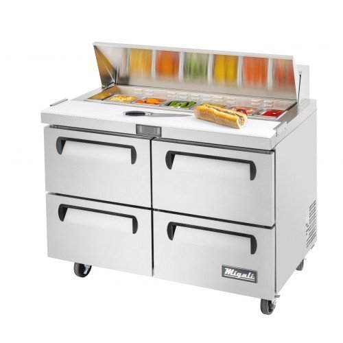 Migali C-SP48-12-D-HC Competitor Series® 48-1/4(w) inch (4)Solid Drawer(s) Standard Top Sandwich Prep Table, 12Cu.ft, (4)Shelve(s), Casters, 1/7hp, 115v/60/1-ph, ETL Listed