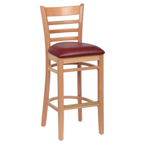 Royal Industries ROY 8002 N CRM Ladder Back Wood Bar Stool, Natural, Crimson Upholstered Seat, 17(W) x 16-1/2(D) x 43-3/8(H) inch, 1 each Royal Industries ROY 8002 N CRM Ladder Back Wood Bar Stool, Natural, Crimson Upholstered Seat, 17(W) x 16-1/2(D) x 43-3/8(H) inch, 1 each