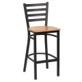 Royal Industries ROY 9002 N Ladder Back Metal Bar Stool, Matte Black, Natural Finish Wood Veneer Seat,17(W) x 16-1/2(D) x 43-3/8(H) inch, 1 each