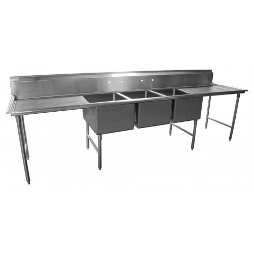 Serv-Ware 3C14H20282-36 (3)Compartment(s) Sink, (2)Drain Board(s), 14 Gauge 304 Stainless Steel, 136(w)x33.5(d)x45.5(h) inch, NSF Listed