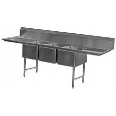 Serv-Ware 3CWPH18242-24-V (3)Compartment(s) Sink, (2)Drain Board(s), 16 Gauge 304 Stainless Steel, OA 106(w)x30(d)x45.5(h) inch, NSF Listed