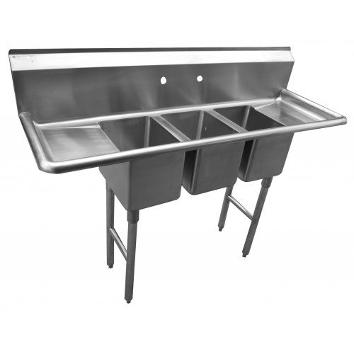 Serv-Ware CS3CWP1614212-V (3)Compartment(s) Compact Sink, (2)Drain Board(s), 18 Gauge 304 Stainless Steel, OA 70(w)x21.5(d)x45.5(h) inch, NSF Listed