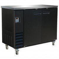 Serv-Ware BB2-24-HC 49.1 inch Refrigerated Back Bar Cabinet, 2 Solid Doors, 2 Shelves, 10 Cu. Ft., Black, Casters, 2/5 HP, 115V/60/1-Ph, ETL Listed