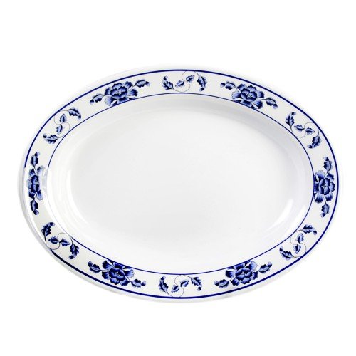 Thunder Group 2112TB Blue Lotus Platters, 16oz, Deep, Oval, Melamine, 12(w) x 9(d) x 1-5/6(h) inch, NSF Listed – 1 dozen