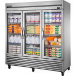 True T-72G-HC~FGD01 78-1/8(w) inch (3)Glass Framed Door(s) Bottom Mount Reach-In Upright Refrigerator, (9)Shelve(s), Casters, 3/4hp, 115v/60/1-ph, UL Listed