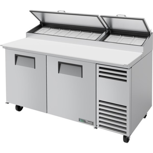 True TPP-AT-67-HC 67-3/8(w) inch (2)Solid Swing Door(s) Refrigerated Pizza Prep Table, (9)Pan(s), (4)Shelve(s), Casters, ¼hp, 115v/60/1-ph, UL/CE Listed