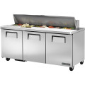 True TSSU-72-18-HC 72-3/8 inch 3 Solid Swing Door Refrigerated Sandwich Prep Table - Standard Top, 18 1/6 Size Pans, 6 Shelves, 1/2 HP, 115V
