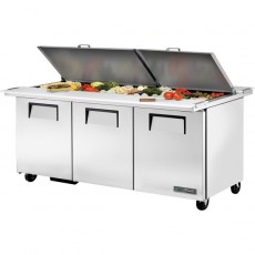 True TSSU-72-30M-B-DS-ST-HC 72-3/8(w) inch (3)Solid Swing Door(s) Refrigerated Dual Sided Mega-Top Sandwich Prep Unit, (30)Pan(s), (6)Shelve(s), Casters, ½hp, 115v/60/1-ph, UL Listed