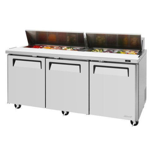 Turbo Air M3 Series MST-72-N Refrigerated Sandwich Prep Tables, Standard Top, 72-5/8(w) inch, (3)Solid Door(s), 18Cu.ft, (18)Pan(s), (3)Shelve(s), 2/5hp, Casters, 115v/60/1-ph, ETL Listed