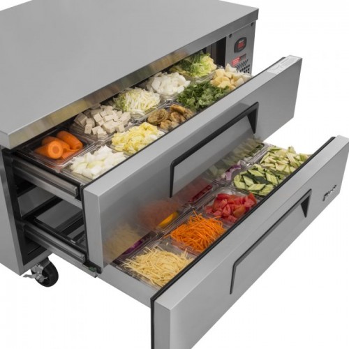 Turbo Air Super Deluxe TCBE-48SDR-E-N Chef Base Refrigerators, Extended Top, 58-5/8(w) inch, (2)Drawer(s), 7.52Cu.ft, 1/4hp, 3amps, 115v/60/1-ph, ETL Listed