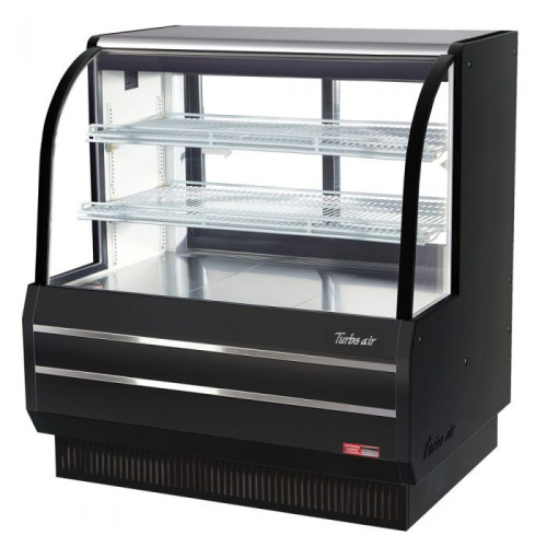 Turbo Air TCGB-48DR-B Non-Refrigerated Bakery Cases, Curved Glass, 48-1/2(w) inch, Black Exterior, 15.6Cu.ft, (2)Shelve(s), 0.6amps, 115v/60/1-ph, ETL Listed