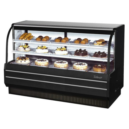 Turbo Air TCGB-72-B-N Refrigerated Bakery Cases, Curved Glass, 72-1/2(w) inch, Black Exterior, 23.2Cu.ft, (2)Shelve(s), 3/4hp, 8.6amps, 115v/60/1-ph, ETL Listed