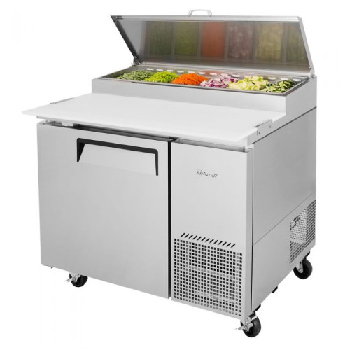 Turbo Air Supper Deluxe Series TPR-44SD-N Refrigerated Pizza Prep Tables, 44(w) inch, (1)Solid Door(s), 14Cu.ft, (6)Pan(s), (2)Shelve(s), 1/4hp, Casters, 115v/60/1-ph, ETL Listed