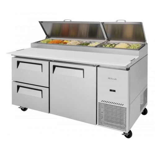 Turbo Air Supper Deluxe Series TPR-67SD-D2-N Refrigerated Pizza Prep Tables, 67-1/8(w) inch, (1)Swing Door(s), (2)Drawers(s), 20Cu.ft, (9)Pan(s), 3/8hp, Casters, 115v/60/1-ph, ETL Listed