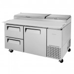 Turbo Air Supper Deluxe Series TPR-67SD-D2-N Refrigerated Pizza Prep Tables, 67-1/8(w) inch, (1)Swing Door(s), (2)Drawers(s), 20Cu.ft, (9)Pan(s), 3/8hp, Casters, 115v/60/1-ph, ETL Listed