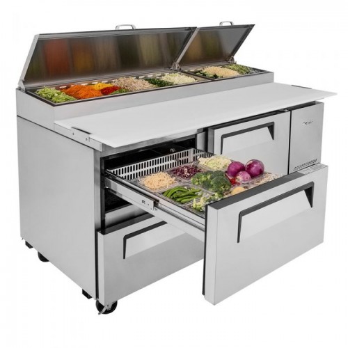 Turbo Air Supper Deluxe Series TPR-67SD-D2-N Refrigerated Pizza Prep Tables, 67-1/8(w) inch, (1)Swing Door(s), (2)Drawers(s), 20Cu.ft, (9)Pan(s), 3/8hp, Casters, 115v/60/1-ph, ETL Listed