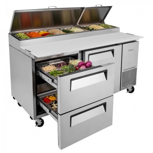 Turbo Air Supper Deluxe Series TPR-67SD-D2-N Refrigerated Pizza Prep Tables, 67-1/8(w) inch, (1)Swing Door(s), (2)Drawers(s), 20Cu.ft, (9)Pan(s), 3/8hp, Casters, 115v/60/1-ph, ETL Listed