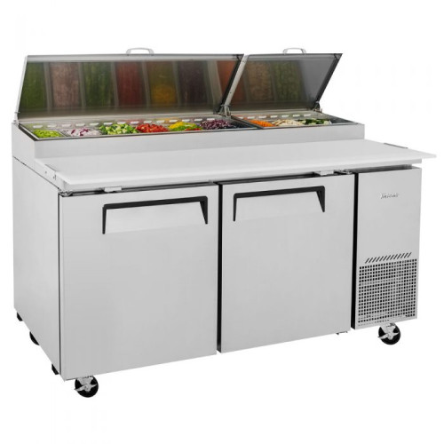 Turbo Air Super Deluxe TPR-67SD-N Refrigerated Pizza Prep Table, 67(w) inch, (2)Solid Door(s), 20Cu.ft, (9)Pan(s), 3/8hp, (4)Shelve(s), Casters, 115v/60/1-ph, ETL Listed