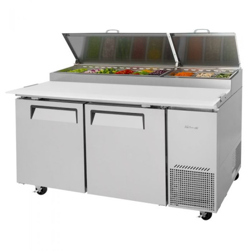 Turbo Air Super Deluxe TPR-67SD-N Refrigerated Pizza Prep Table, 67(w) inch, (2)Solid Door(s), 20Cu.ft, (9)Pan(s), 3/8hp, (4)Shelve(s), Casters, 115v/60/1-ph, ETL Listed