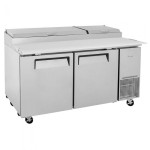 Turbo Air Super Deluxe TPR-67SD-N Refrigerated Pizza Prep Table, 67(w) inch, (2)Solid Door(s), 20Cu.ft, (9)Pan(s), 3/8hp, (4)Shelve(s), Casters, 115v/60/1-ph, ETL Listed