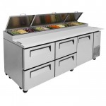 Turbo Air Supper Deluxe Series TPR-93SD-D4-N Refrigerated Pizza Prep Tables, 93-1/8(w) inch, (1)Swing Door(s), (4)Drawers(s), (2)Shelve(s), 31Cu.ft, (12)Pan(s), 2/3hp, Casters, 115v/60/1-ph, ETL Listed