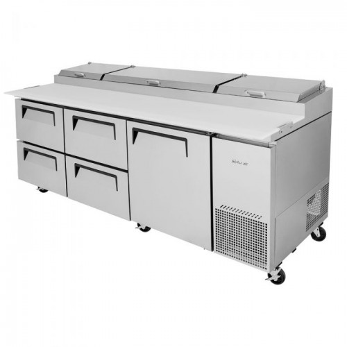 Turbo Air Supper Deluxe Series TPR-93SD-D4-N Refrigerated Pizza Prep Tables, 93-1/8(w) inch, (1)Swing Door(s), (4)Drawers(s), (2)Shelve(s), 31Cu.ft, (12)Pan(s), 2/3hp, Casters, 115v/60/1-ph, ETL Listed