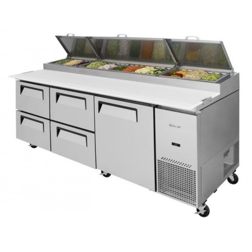 Turbo Air Supper Deluxe Series TPR-93SD-D4-N Refrigerated Pizza Prep Tables, 93-1/8(w) inch, (1)Swing Door(s), (4)Drawers(s), (2)Shelve(s), 31Cu.ft, (12)Pan(s), 2/3hp, Casters, 115v/60/1-ph, ETL Listed