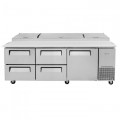 Turbo Air Supper Deluxe Series TPR-93SD-D4-N Refrigerated Pizza Prep Tables, 93-1/8(w) inch, (1)Swing Door(s), (4)Drawers(s), (2)Shelve(s), 31Cu.ft, (12)Pan(s), 2/3hp, Casters, 115v/60/1-ph, ETL Listed